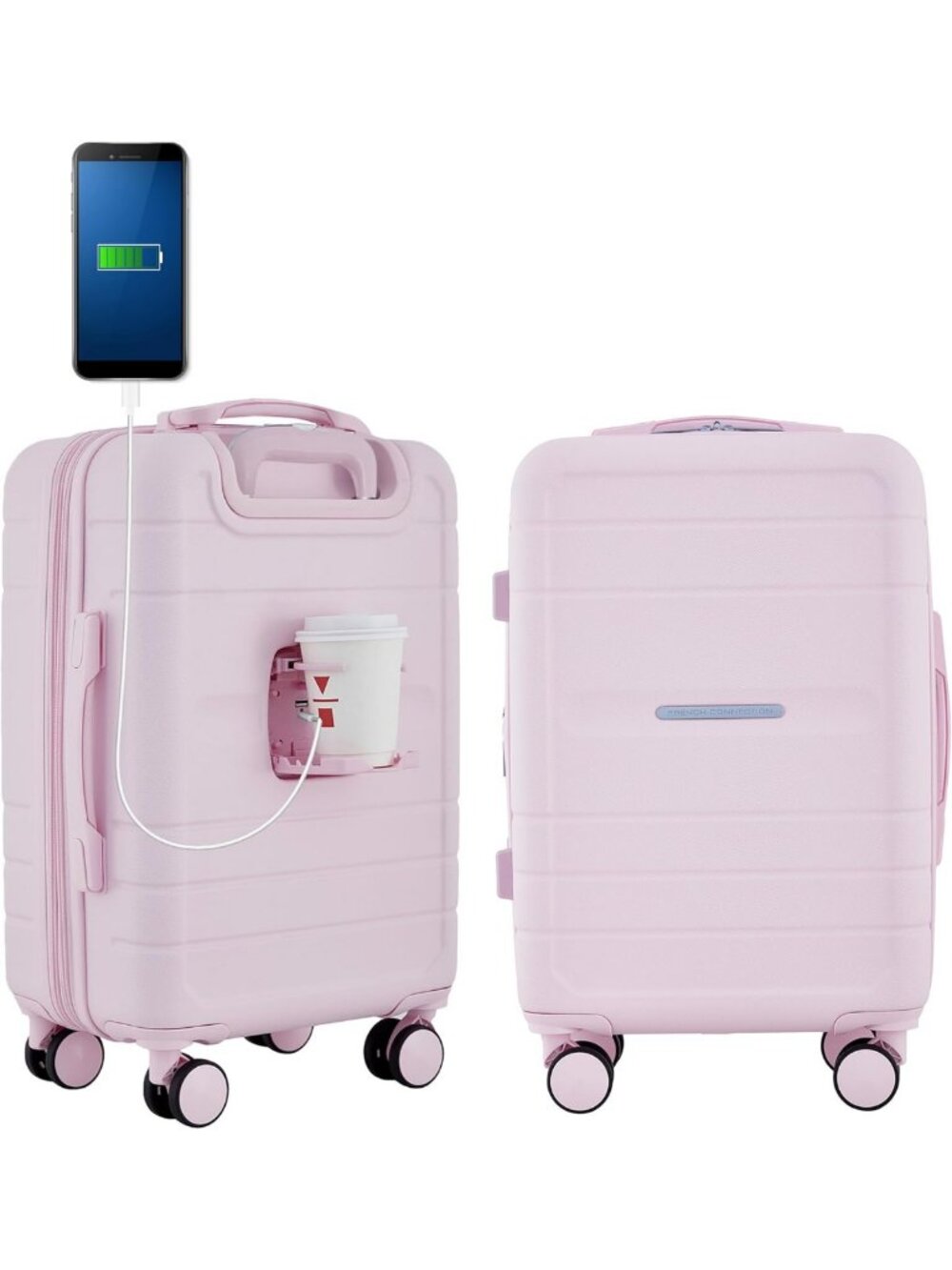 Stylish Pink Carry-On Luggage with Cup Holder & USB Ports for Travel Essentials